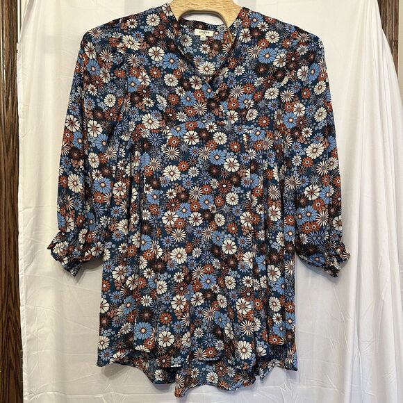Umgee Dresses & Skirts - Umgee Size Medium VNeck Blue Orange Floral Boho Mini Dress Tunic Top Long Sleeve